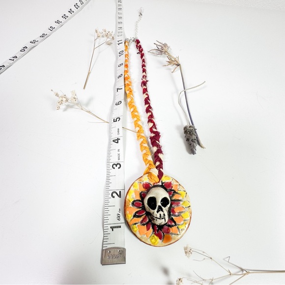 Sculpted Ceramic Skull Necklace with Recycled Silk and Crystal Adjustable Length - Picture 6 of 11
